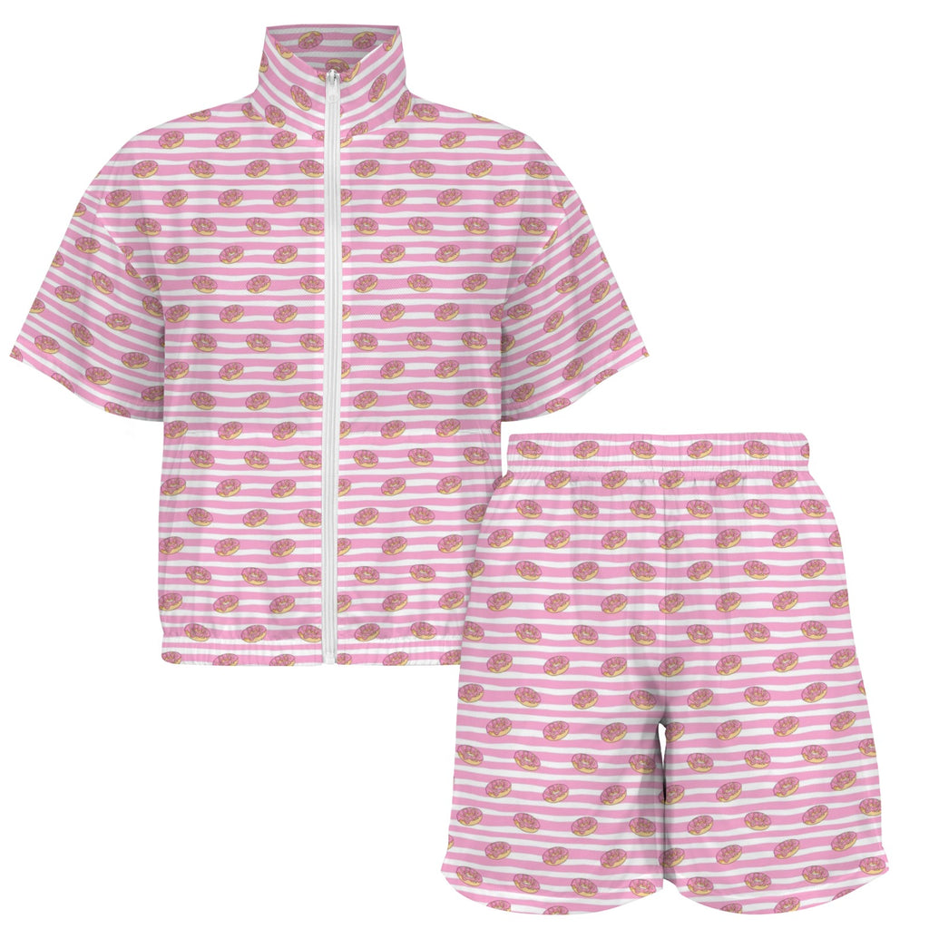 Pink Donut Stripes Women's Windbreaker Short Set Women's Windbreaker Short Set Food Printed Offshore