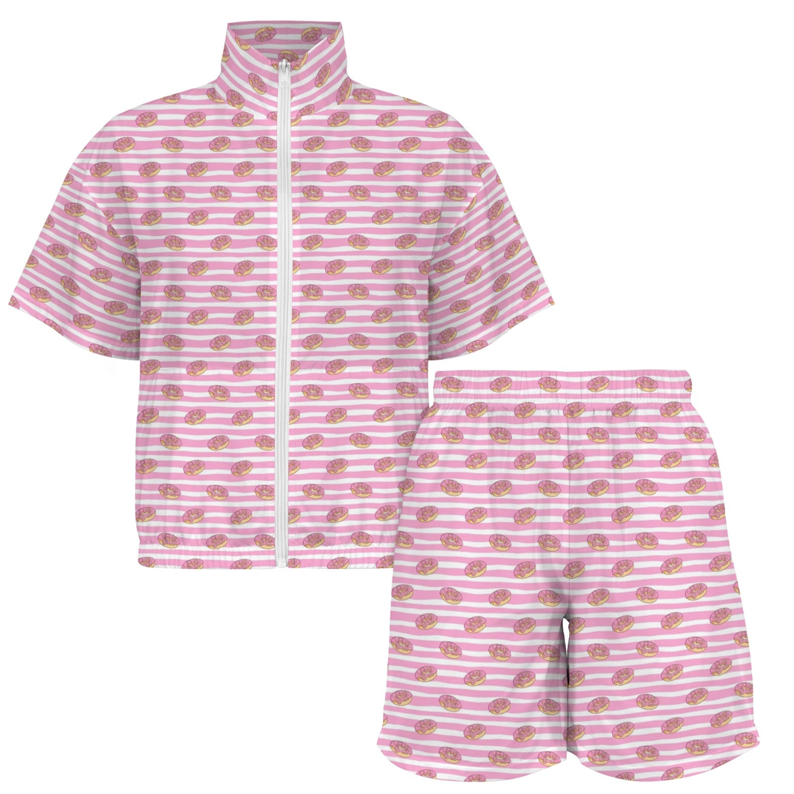 Pink Donut Stripes Women's Windbreaker Short Set Women's Windbreaker Short Set Food Printed Offshore