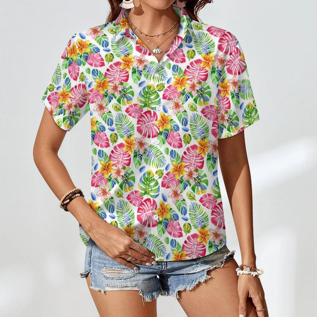 Bright Painted Tropical Women's Collared Pocketless Short Sleeve Shirt