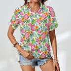 Bright Painted Tropical Women's Collared Pocketless Short Sleeve Shirt