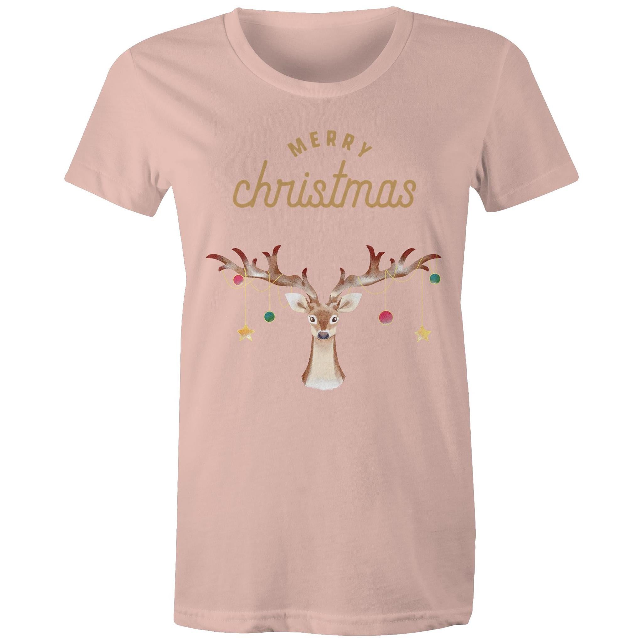 Merry Christmas Reindeer - Womens T-shirt Pale Pink Womens Christmas T-shirt Christmas Printed In Australia
