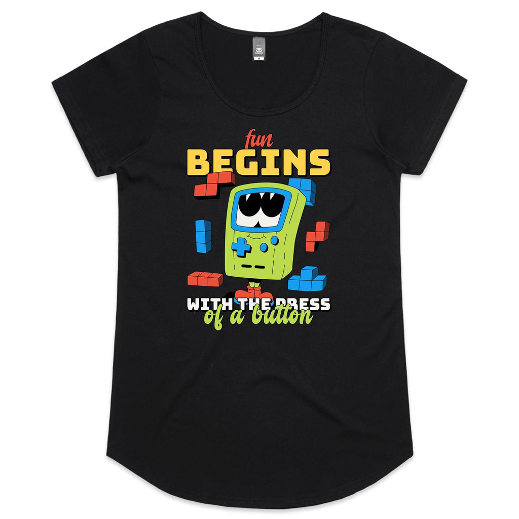 Fun Begins With The Press Of A Button, Game Console - Womens Scoop Neck T-Shirt Black Womens Scoop Neck T-shirt Games Printed In Australia