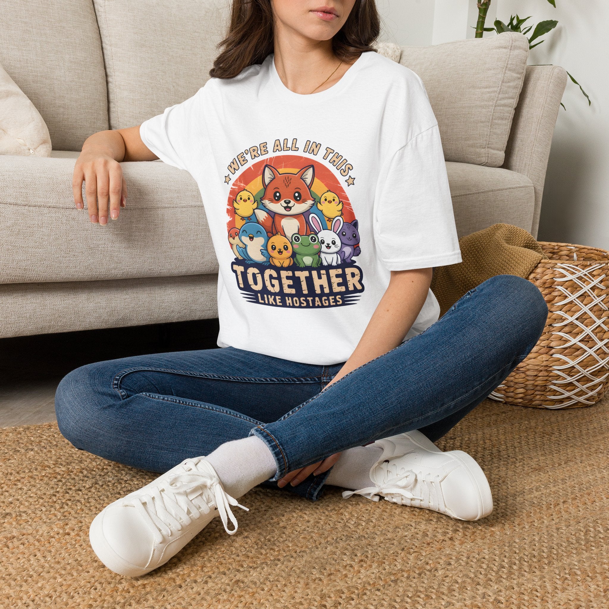 Cute Fox and Animal Friends We're All In This Together Like Hostages Unisex T-Shirt White Unisex Adult T-shirt animal Globally Fulfilled