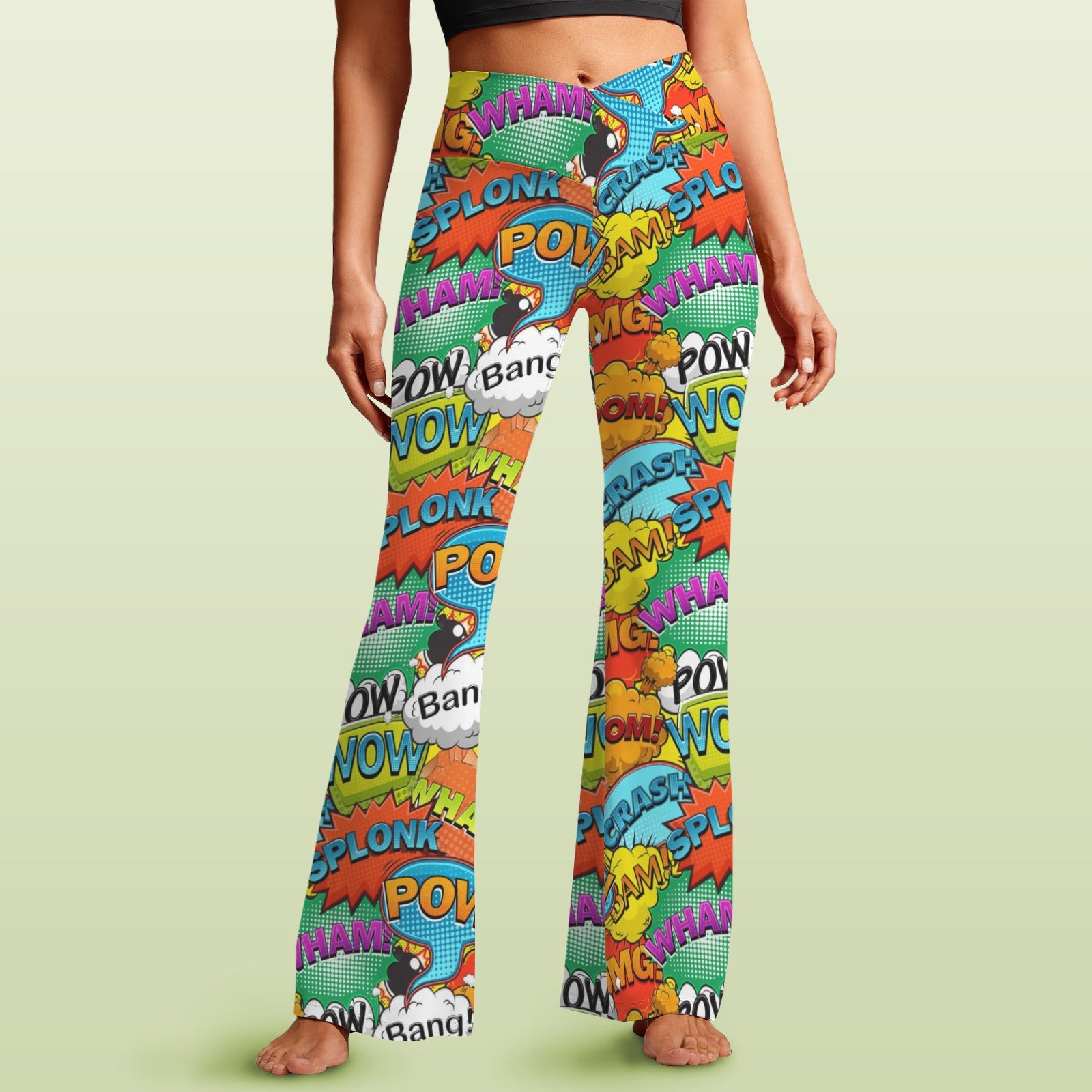 Comic Book 2 High Waist Crossover Tummy Control Flare Leggings 5XL High Waist Flare Leggings comic Printed Offshore