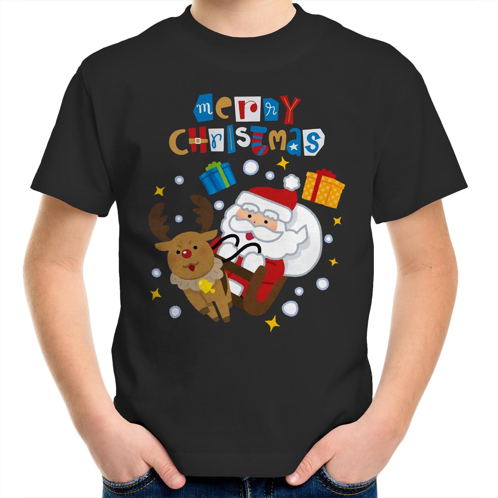 Santa Merry Christmas - Kids Youth T-Shirt Black Kids Christmas T-shirt Christmas Printed In Australia