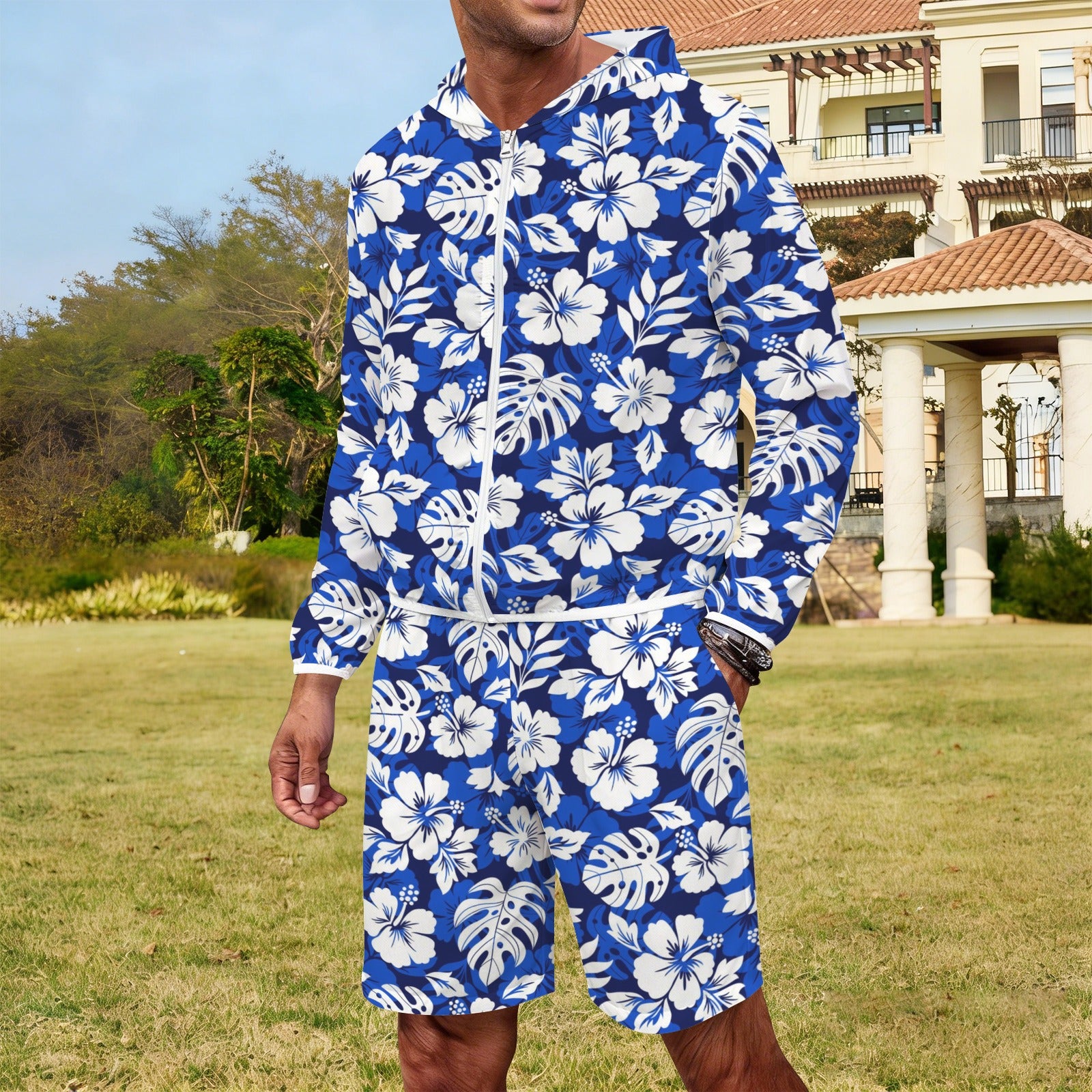 Blue Hawaiian Floral Men's Lightweight Sun Hoodie & Shorts Set Men's Lightweight Sun Hoodie & Shorts Plants Printed Offshore