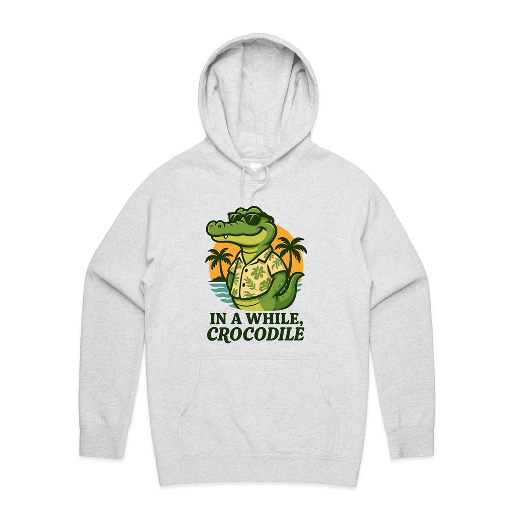 In A While, Crocodile Men's AS Colour Hoodie White Marle Mens Hoodie animal Printed In Australia