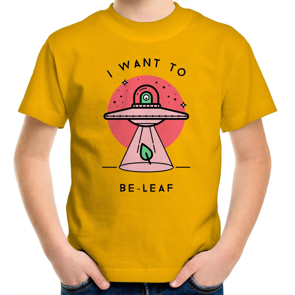 I Want To Be-Leaf, Alien, UFO - Kids Youth T-Shirt Gold Kids Youth T-shirt Printed In Australia Sci Fi