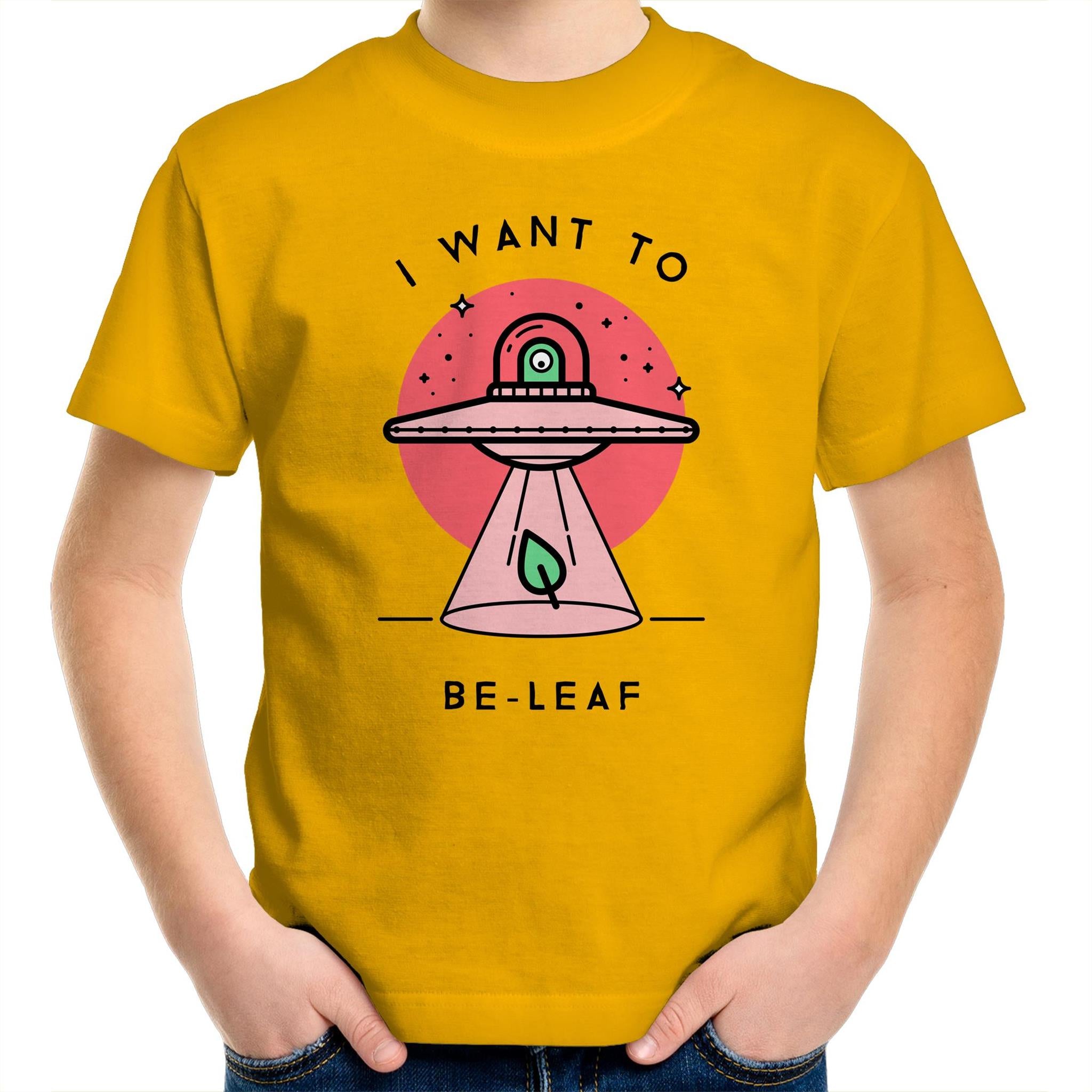 I Want To Be-Leaf, Alien, UFO - Kids Youth T-Shirt Gold Kids Youth T-shirt Printed In Australia Sci Fi