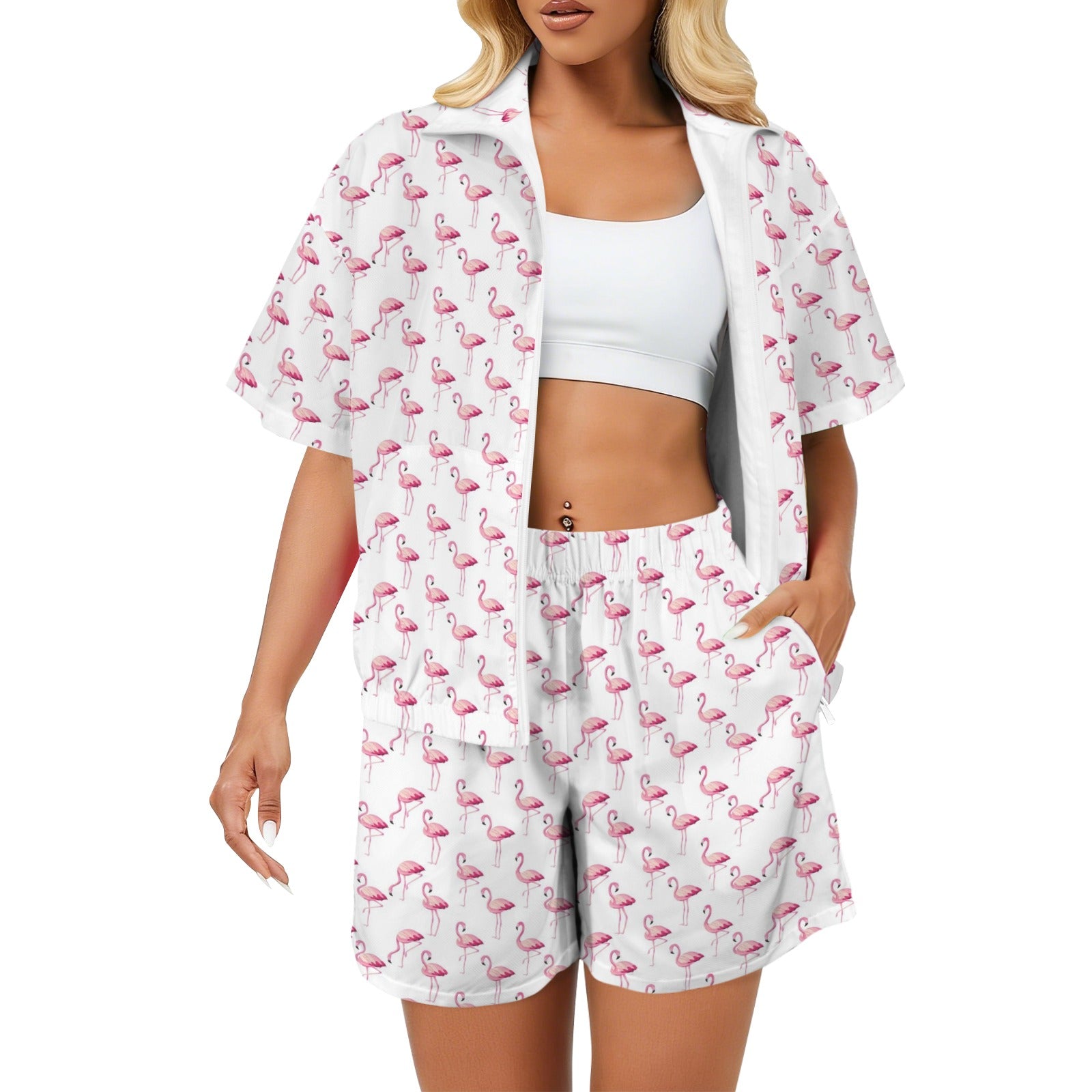 Flamingos Women's Windbreaker Short Set 2XL Women's Windbreaker Short Set animal Printed Offshore
