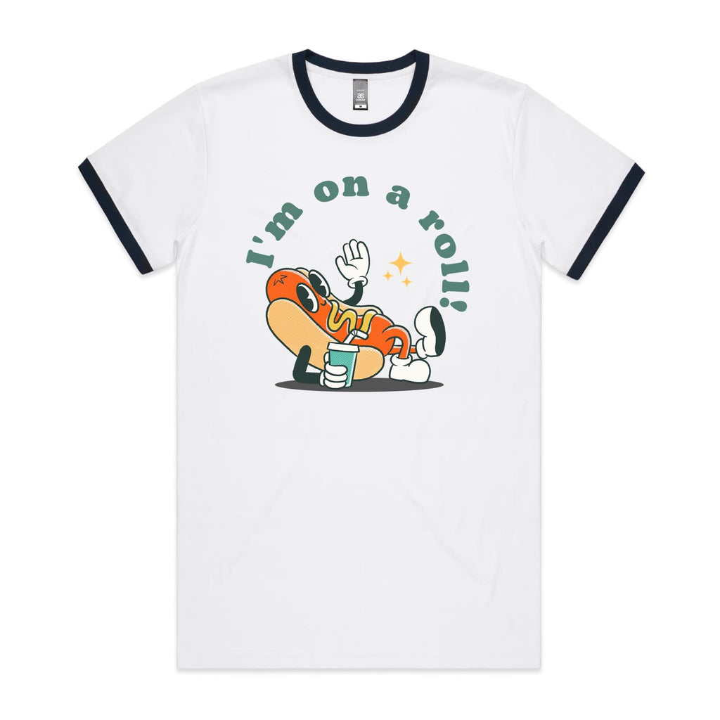 Hotdog, I'm On A Roll - Staple Ringer Tee White Navy Ringer T-Shirt Food Printed In Australia