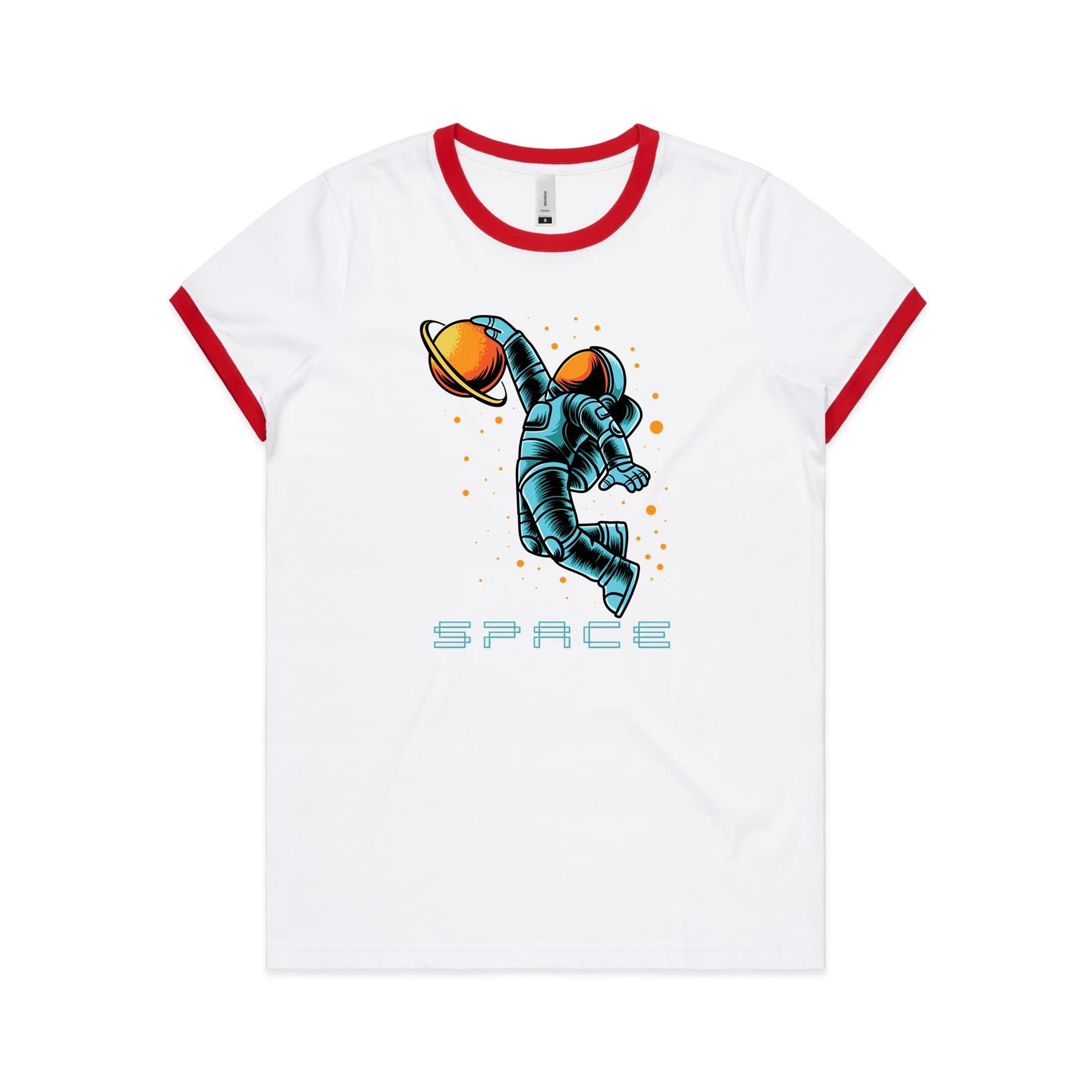 Astronaut Basketball - Women's Ringer Tee White Red Womens Ringer T-shirt Printed In Australia Space