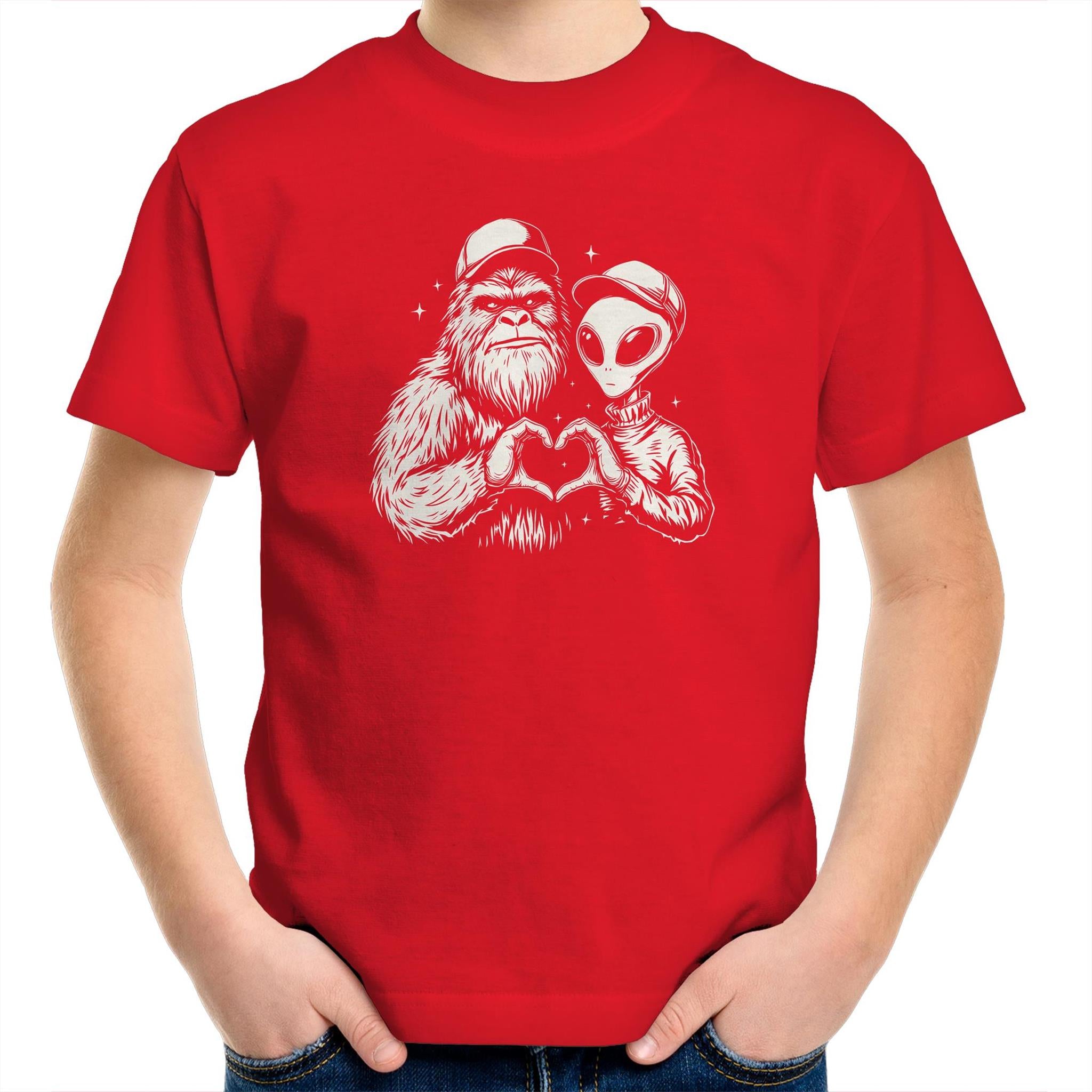 Alien Bigfoot Heart Hands - Kids Youth T-shirt Red Kids Youth T-shirt Love Printed In Australia Sci Fi