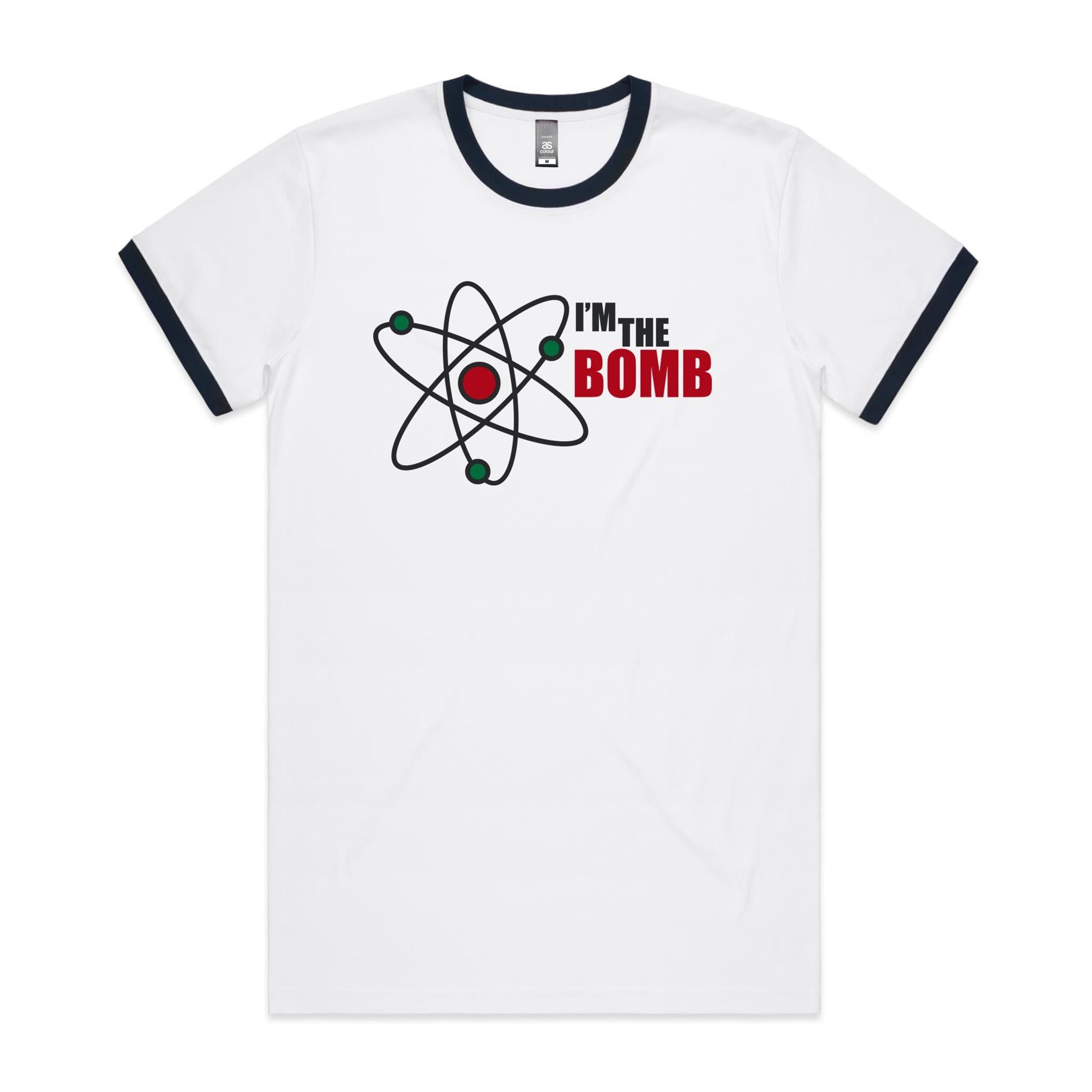 I'm The Bomb, Atom - Staple Ringer Tee White Navy Ringer T-Shirt Printed In Australia Science