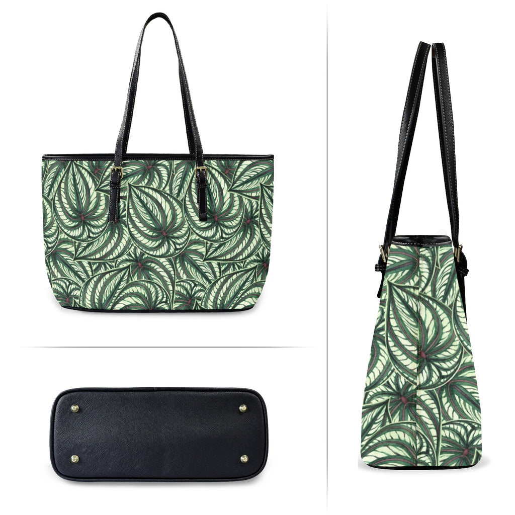 Stripy Leaves PU Leather Tote Bag Large