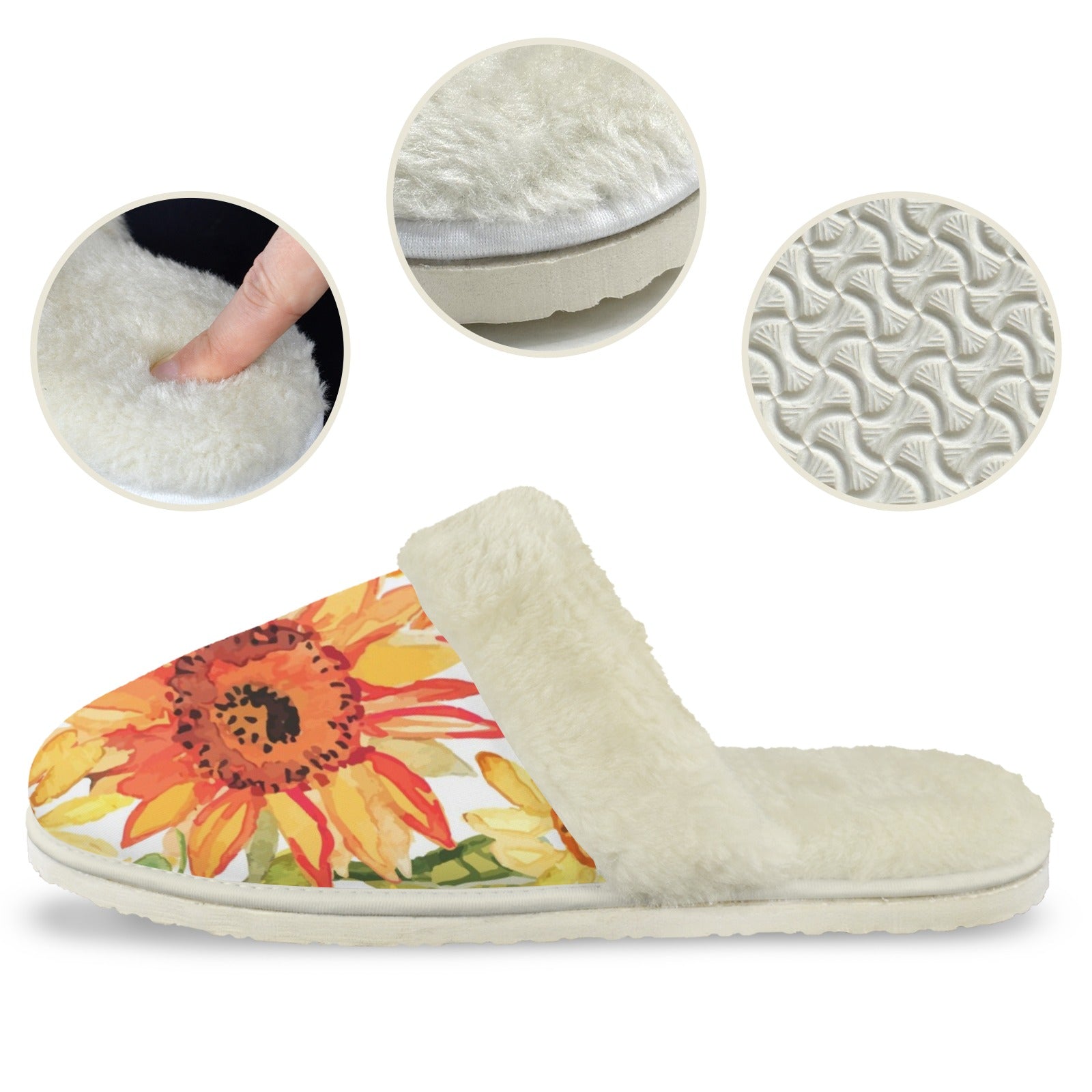 Watercolour Sunflower Women's Fur Trim Thick-Sole Indoor Slippers Women's Fur Trimmed Slippers Plants Printed Offshore