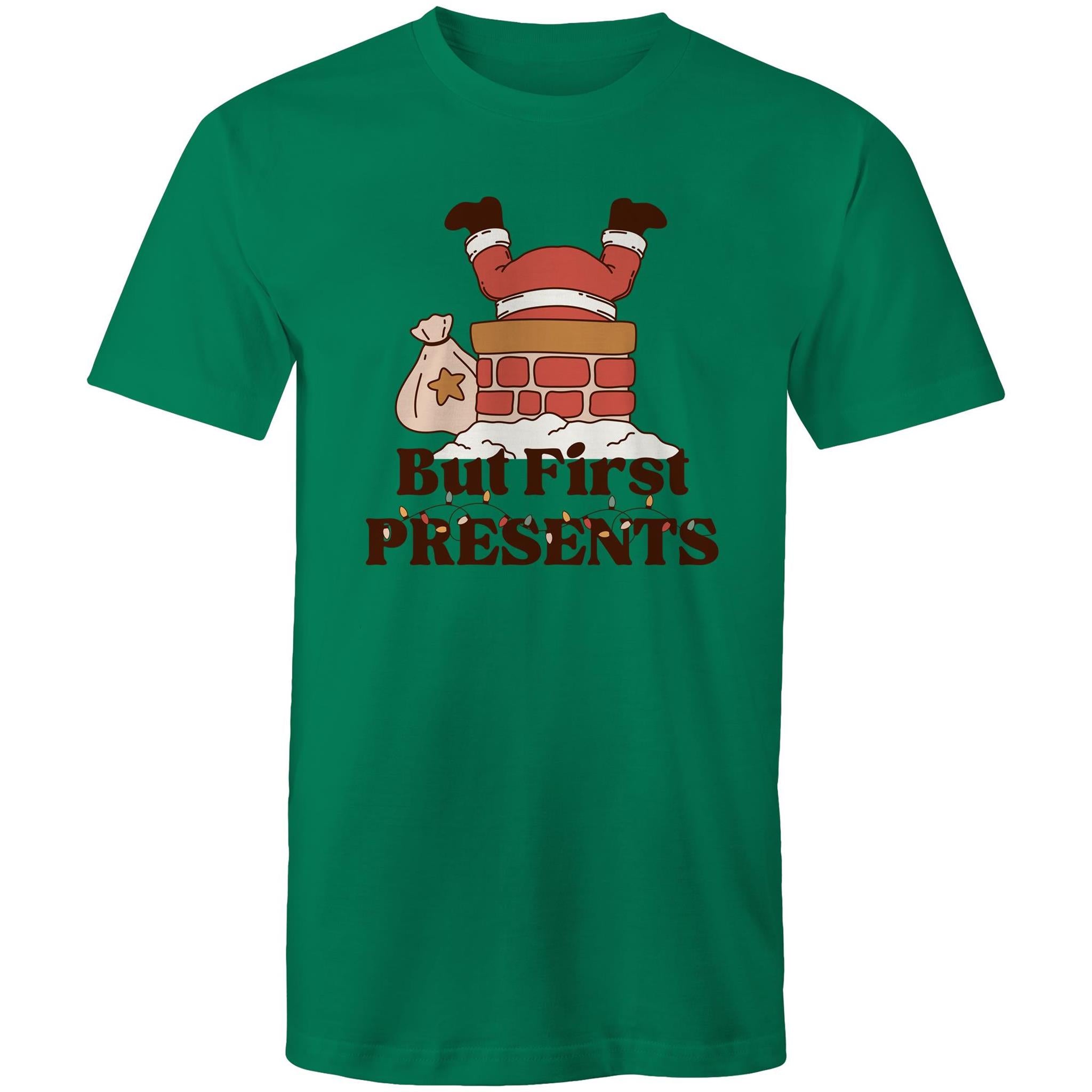 But First Presents, Santa In Chimney - Mens T-Shirt Kelly Green
