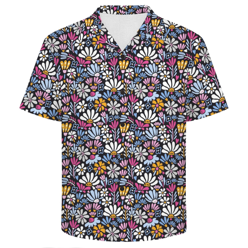 Graphic Flowers On Black Men's Crinkle Hawaiian Shirt