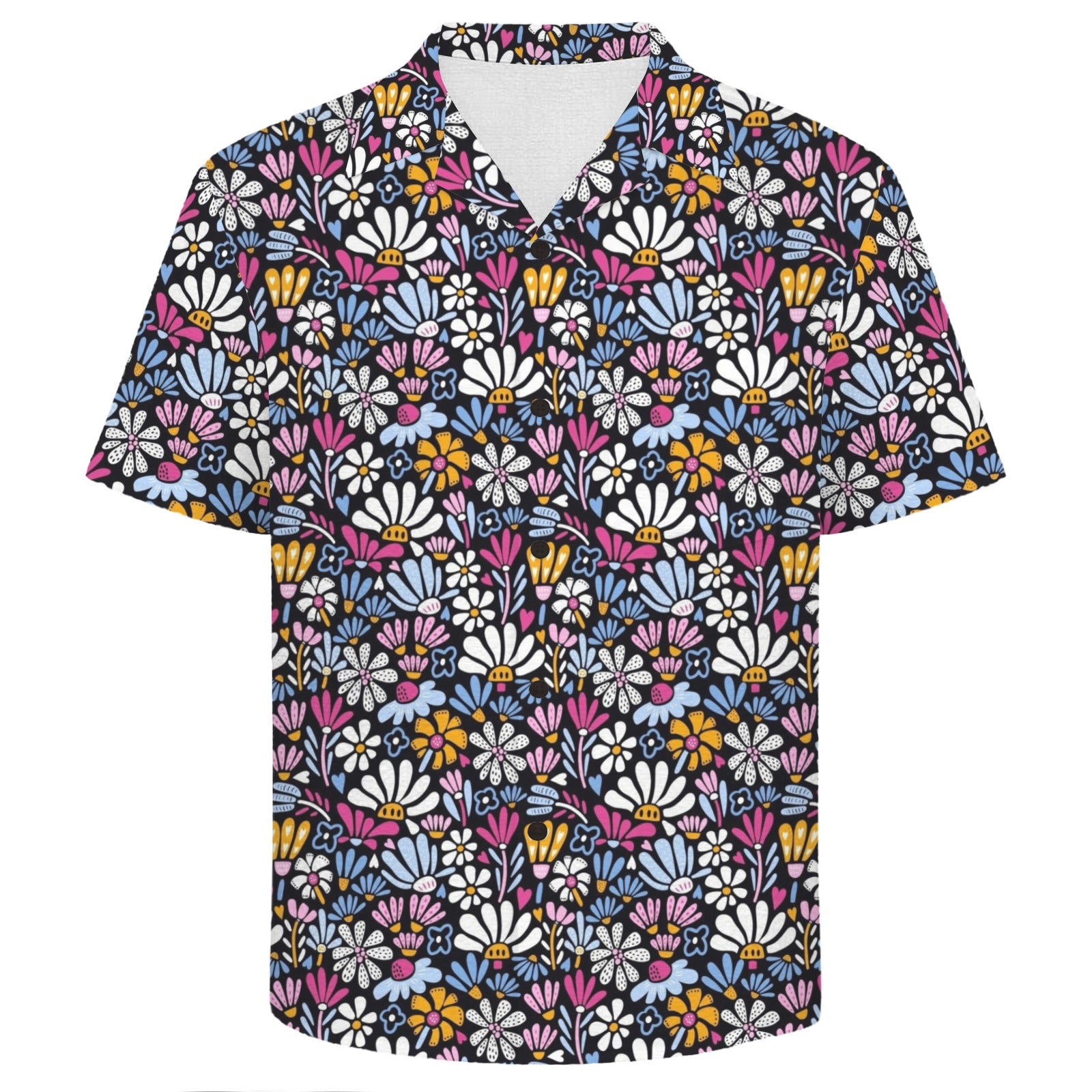 Graphic Flowers On Black Men's Crinkle Hawaiian Shirt