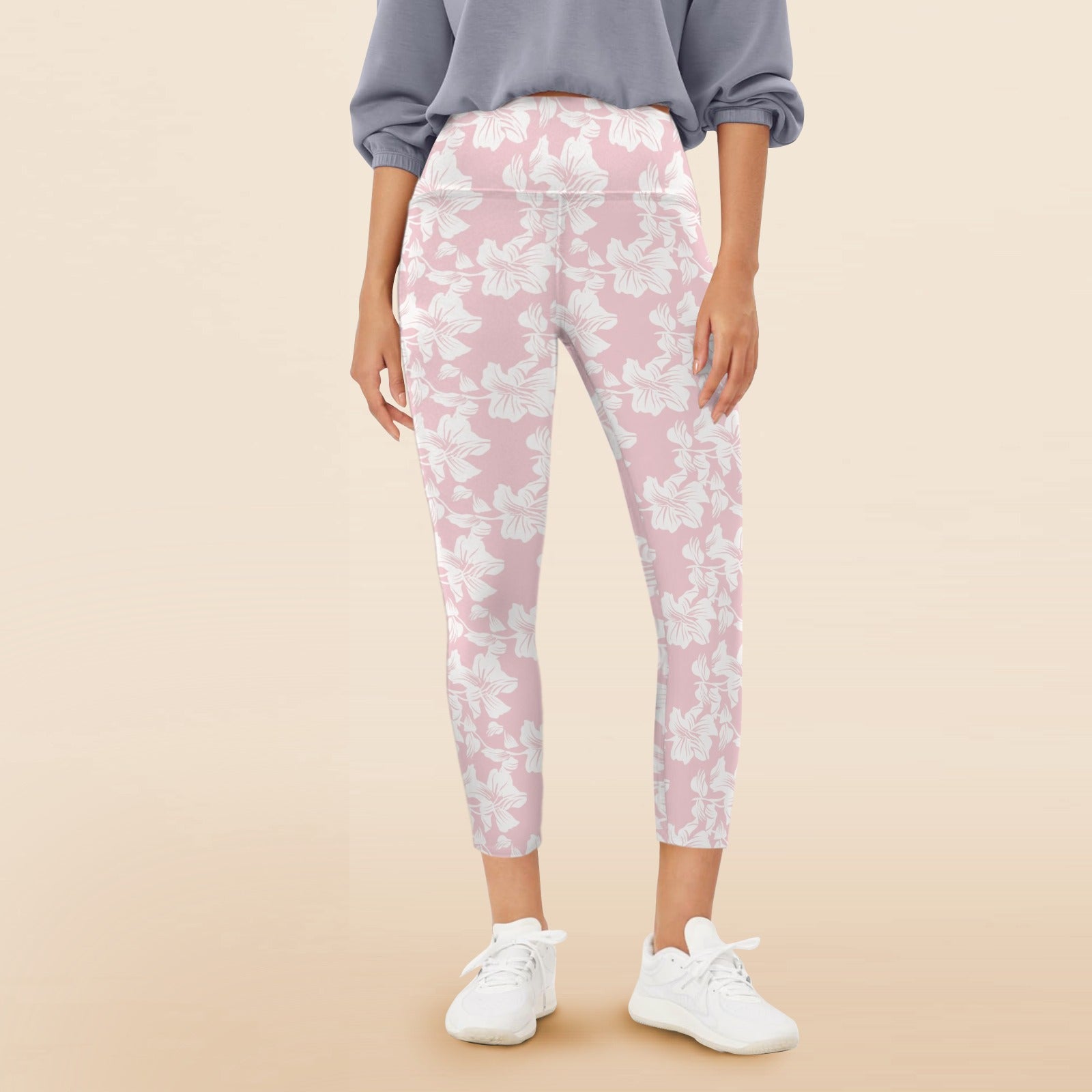 Pink Hawaiian Floral Women's High Waist Pockets Yoga Leggings 5XL Women's High Waist Pockets Yoga Leggings Plants Printed Offshore