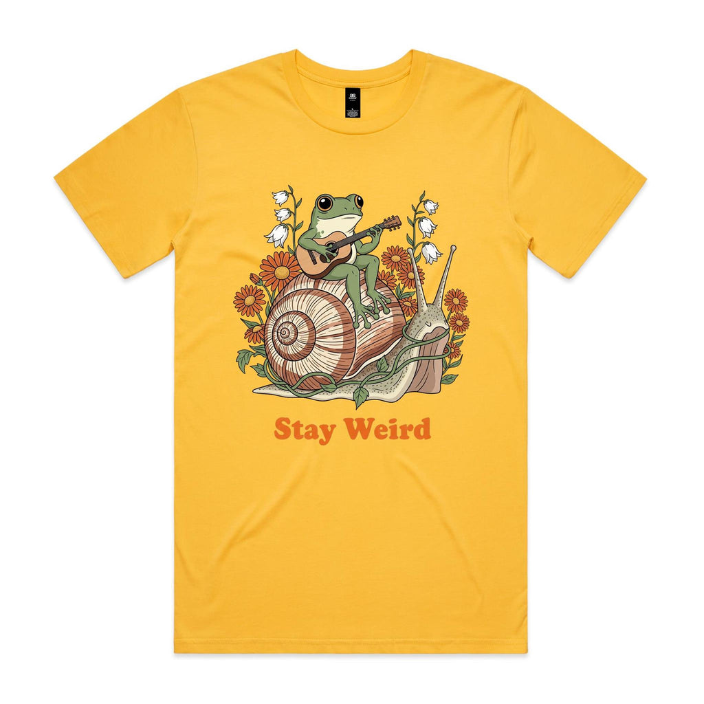 Stay Weird, Guitar Playing Frog On A Snail Men's AS Colour T-shirt Yellow Mens T-shirt animal Music Printed In Australia