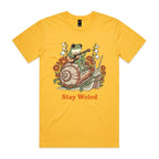 Stay Weird, Guitar Playing Frog On A Snail Men's AS Colour T-shirt Yellow Mens T-shirt animal Music Printed In Australia