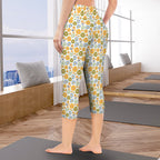 Retro Boho Flower Women's High Waist Pocket Capri Yoga Leggings Women's High Waist Capri Yoga Leggings Plants Printed Offshore