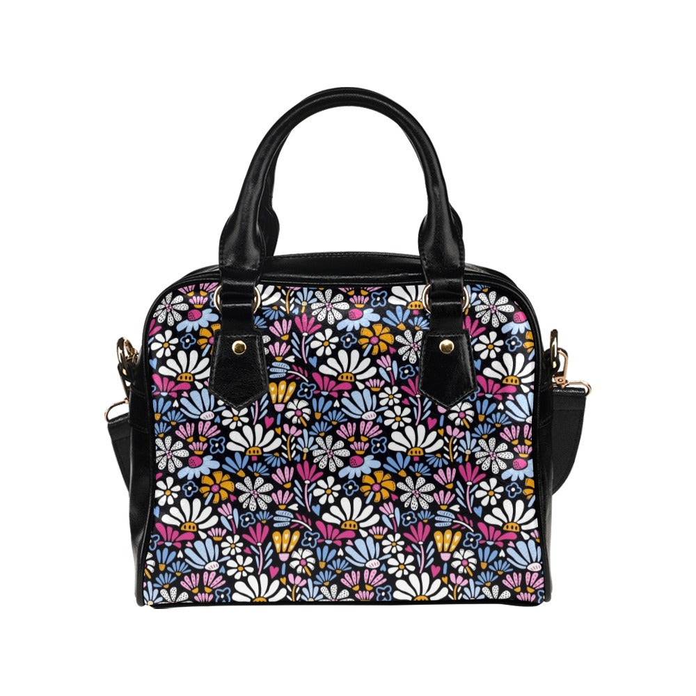 Graphic Flowers On Black Shoulder Handbag