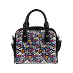 Graphic Flowers On Black Shoulder Handbag