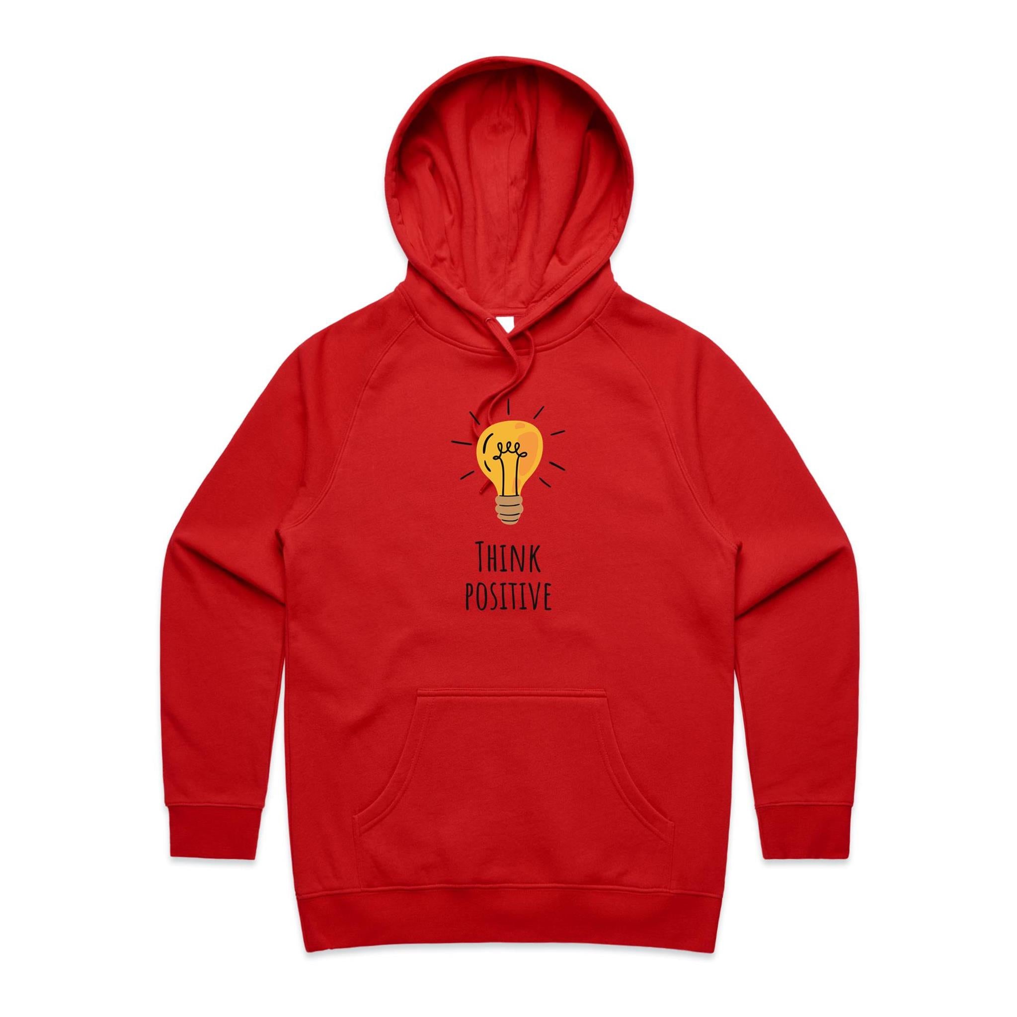 Think Positive, Lightbulb - Womens Hoodie Red Womens 2XL Womens Hoodie Positivity Printed In Australia