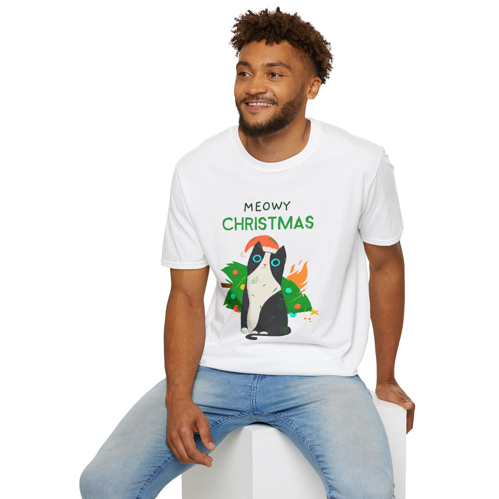 Meowy Christmas, Cat With Burning Christmas Tree - Unisex Softstyle T-Shirt