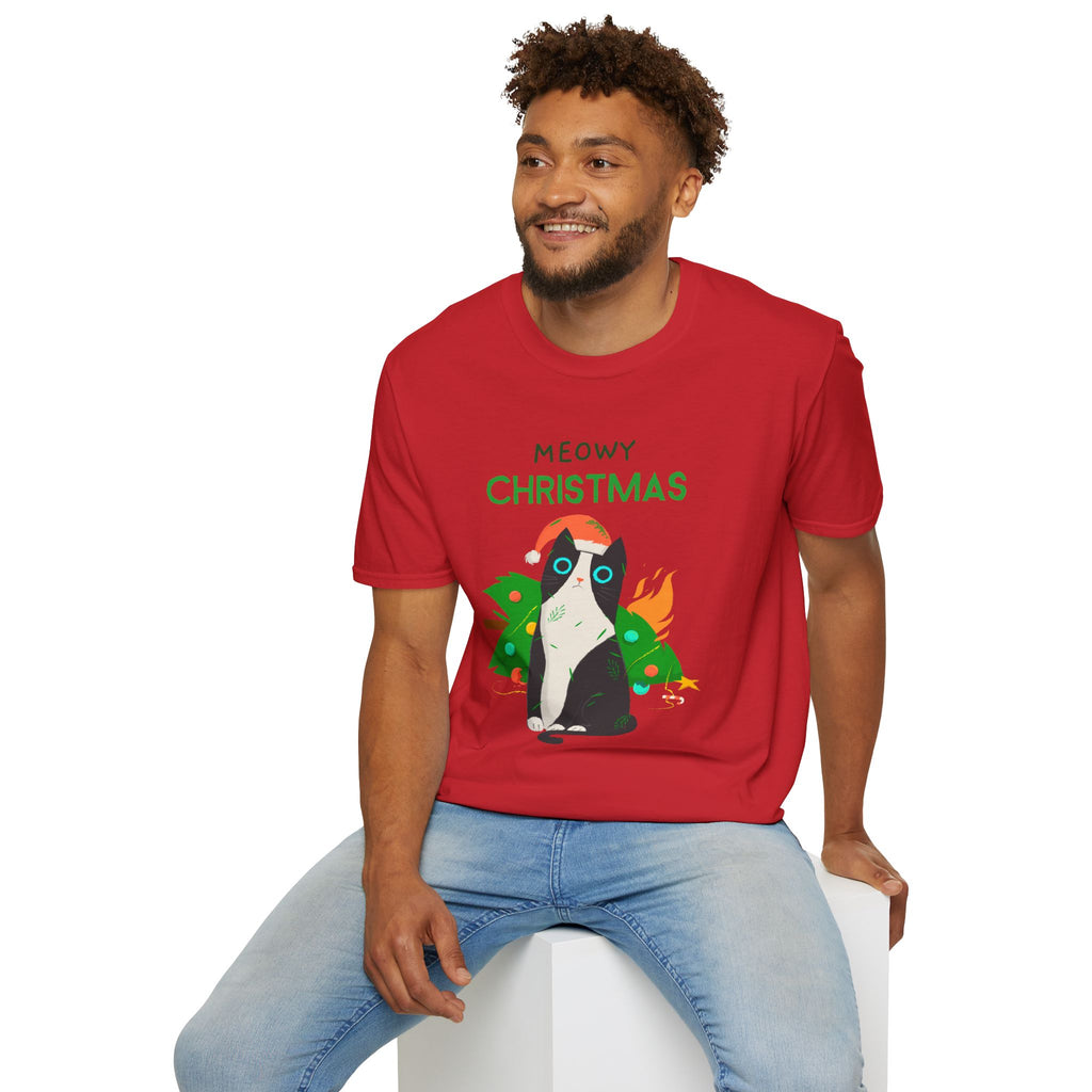 Meowy Christmas, Cat With Burning Christmas Tree - Unisex Softstyle T-Shirt