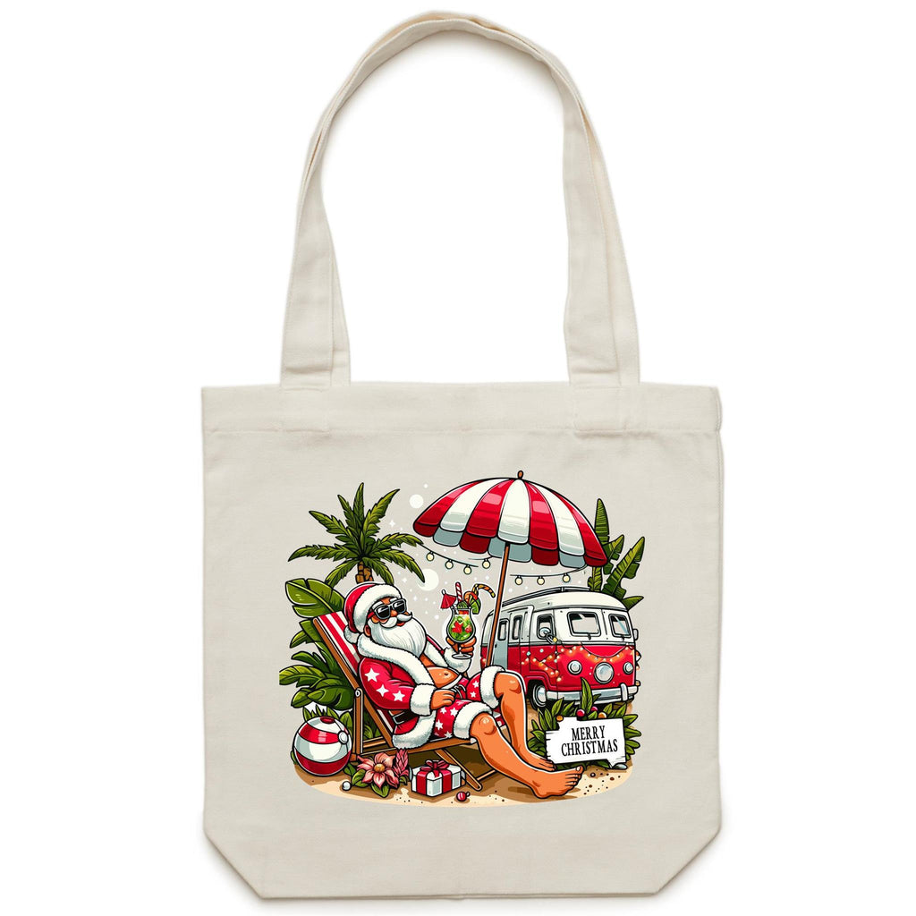Santa By The Beach - Canvas Tote Bag Cream One Size Christmas Tote Bag Christmas Printed In Australia