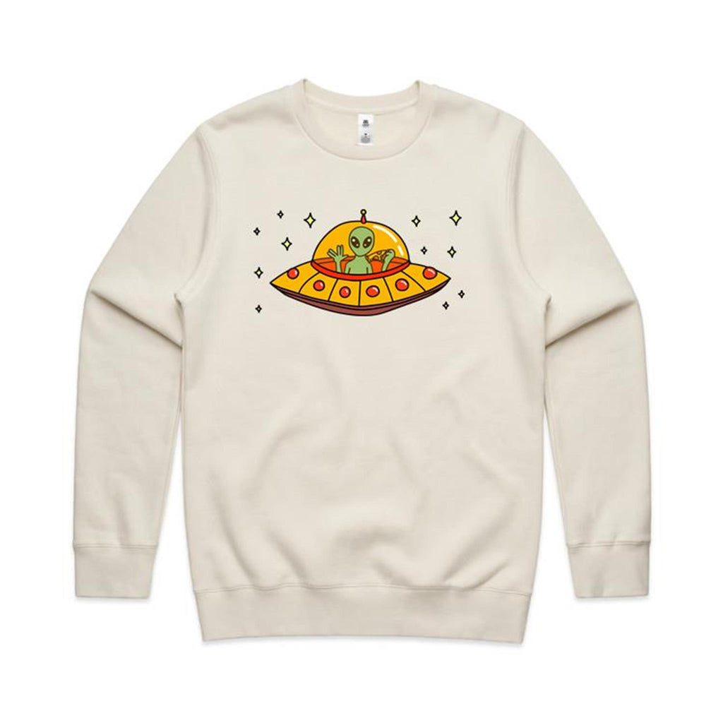 Alien Pizza - AS Colour Stencil Crew Ecru Sweatshirt Food Printed In Australia Sci Fi