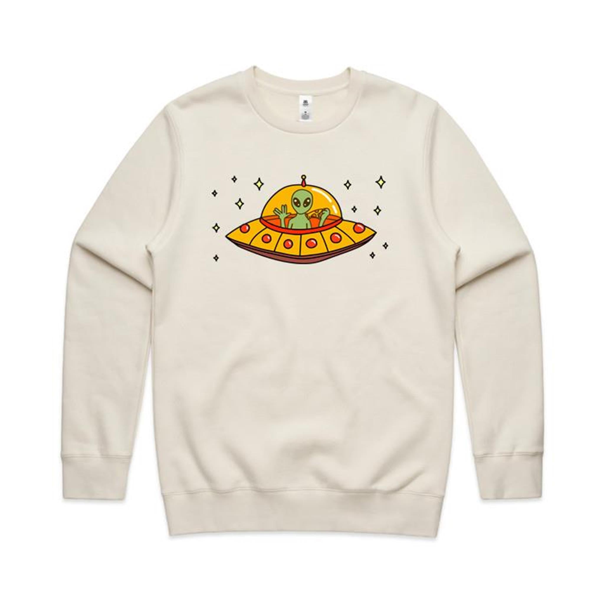 Alien Pizza - AS Colour Stencil Crew Ecru Sweatshirt Food Printed In Australia Sci Fi