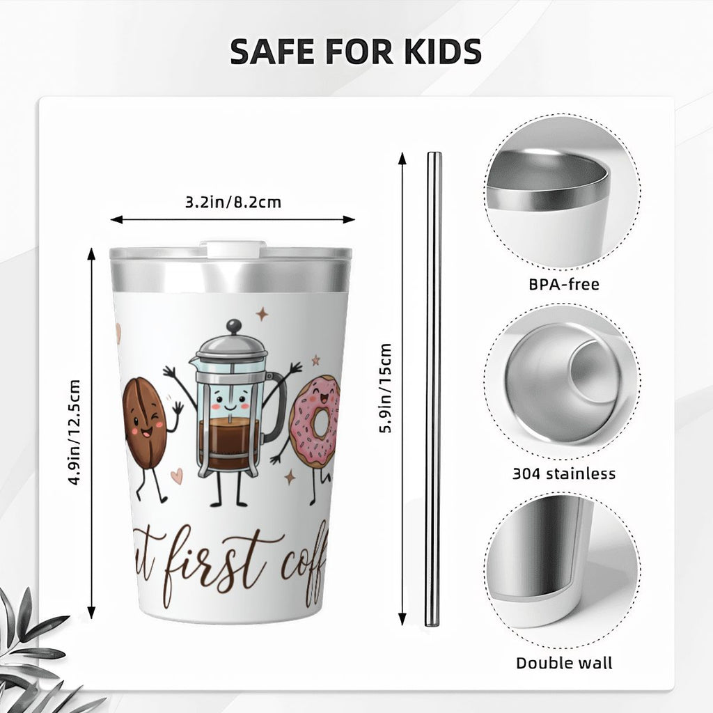 But First Coffee, Cute Characters Small Stainless Steel Travel Mug Cup 12oz/350ml