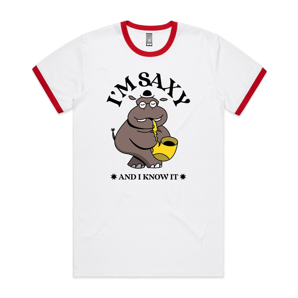 I'm Saxy And I Know It, Hippo Saxophone Player - Staple Ringer Tee White Red Ringer T-Shirt animal Music Printed In Australia