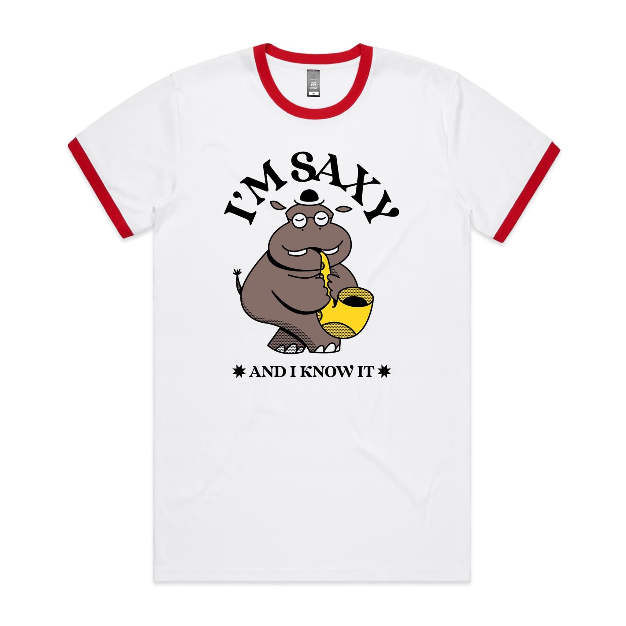 I'm Saxy And I Know It, Hippo Saxophone Player - Staple Ringer Tee White Red Ringer T-Shirt animal Music Printed In Australia
