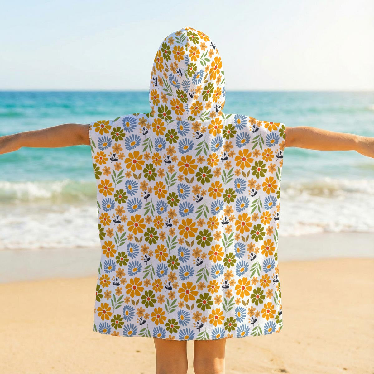 Retro Boho Flower Kid's Hooded Towel Poncho