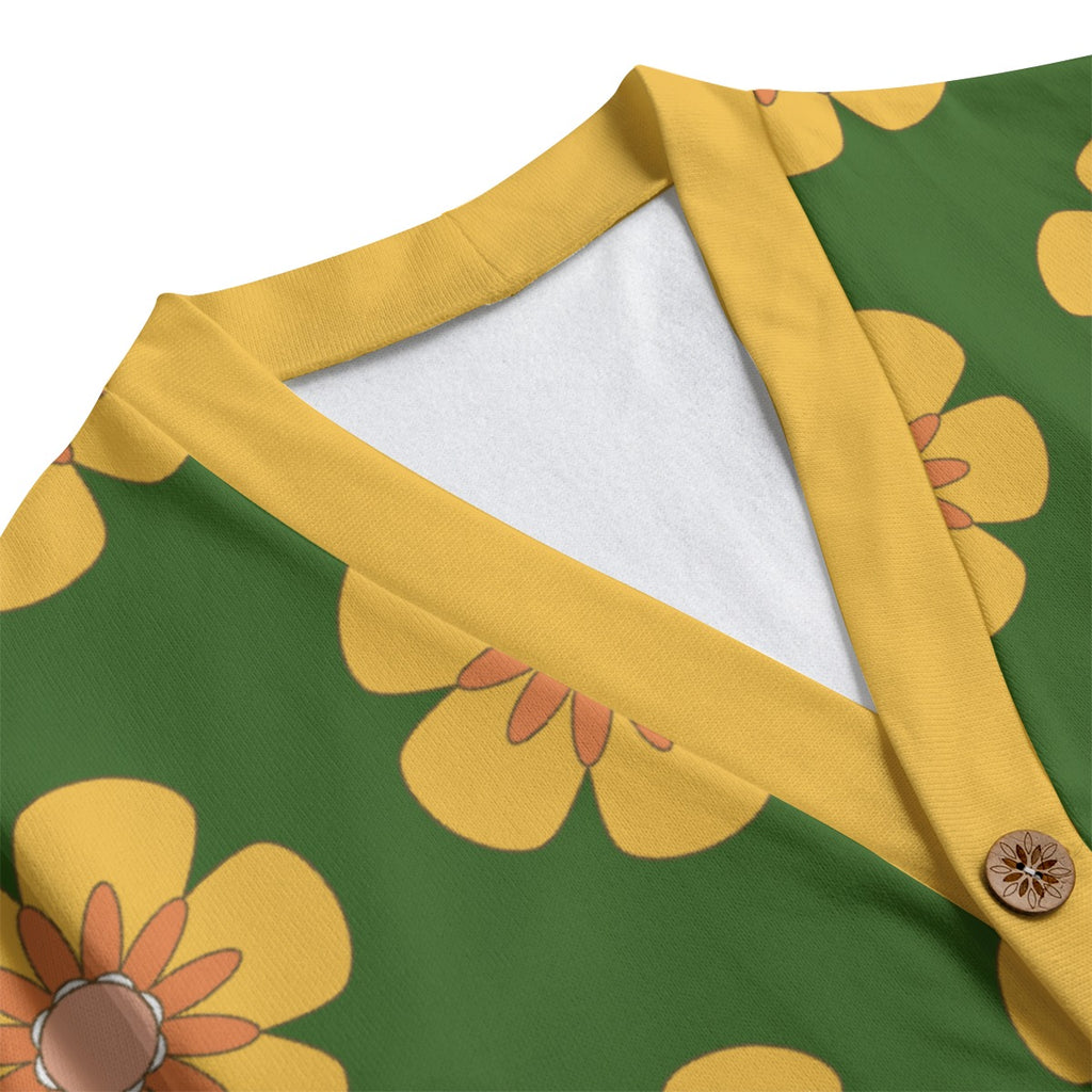 Yellow Flowers On Green Unisex V-neck Cardigan With Button Closure