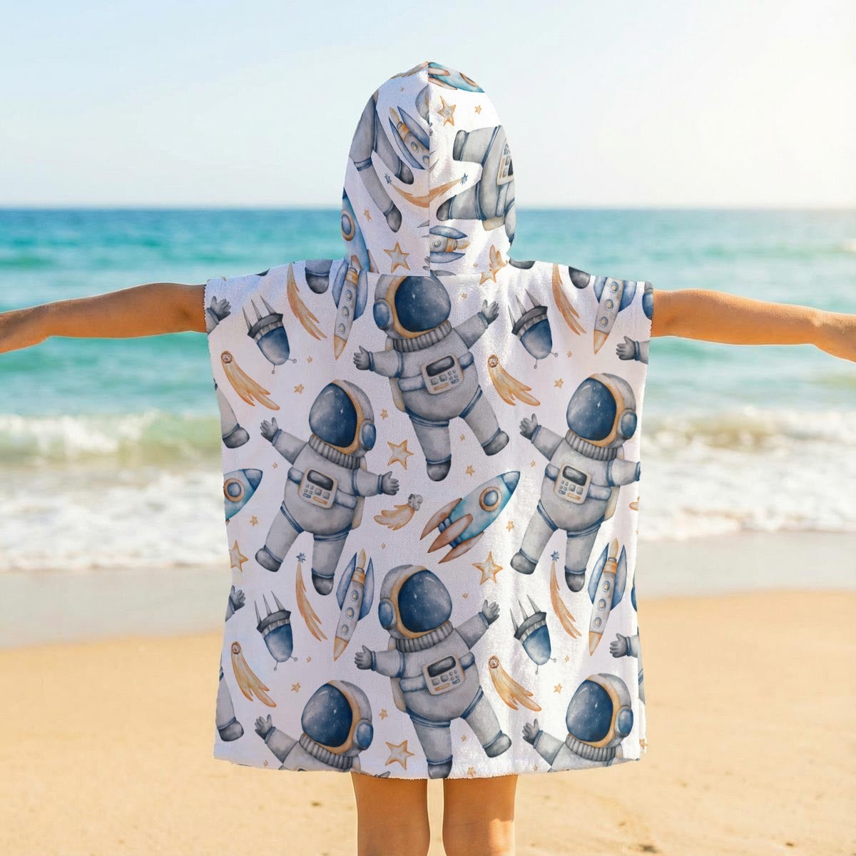 Astronauts And Rocket Ships Kid's Hooded Towel Poncho