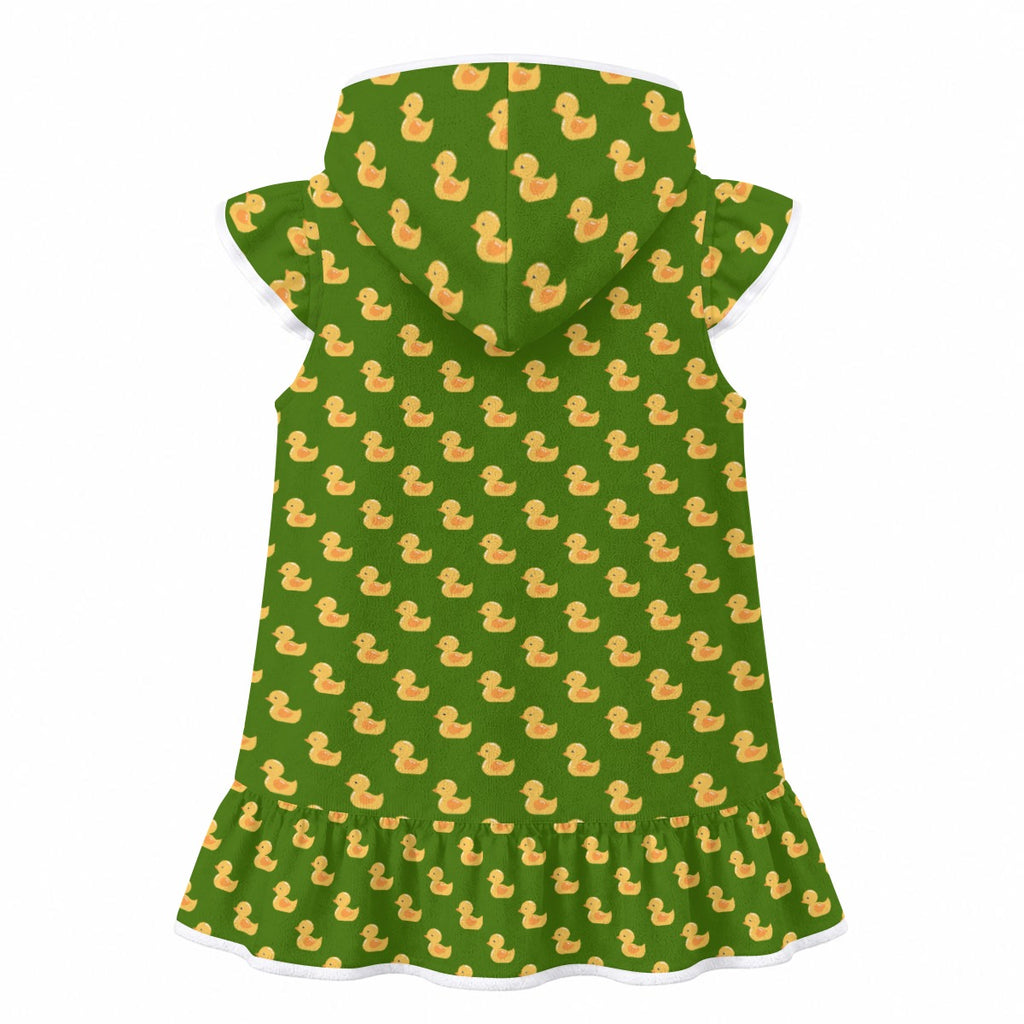 Yellow Rubber Ducks on Green Girl's Hooded Beach Cover-Up