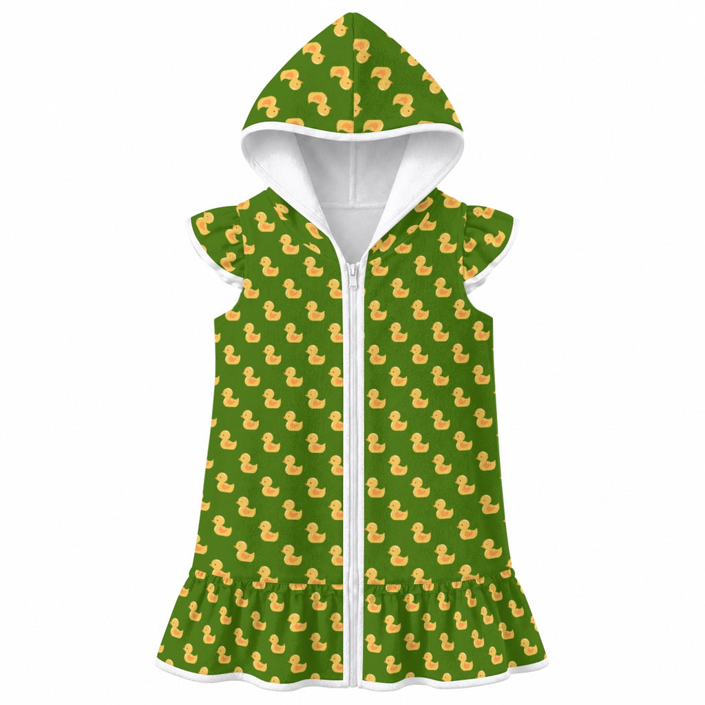 Yellow Rubber Ducks on Green Girl's Hooded Beach Cover-Up