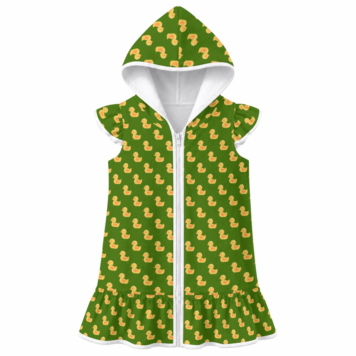 Yellow Rubber Ducks on Green Girl's Hooded Beach Cover-Up
