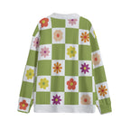 Flower Check Unisex V-neck Cardigan With Button Closure