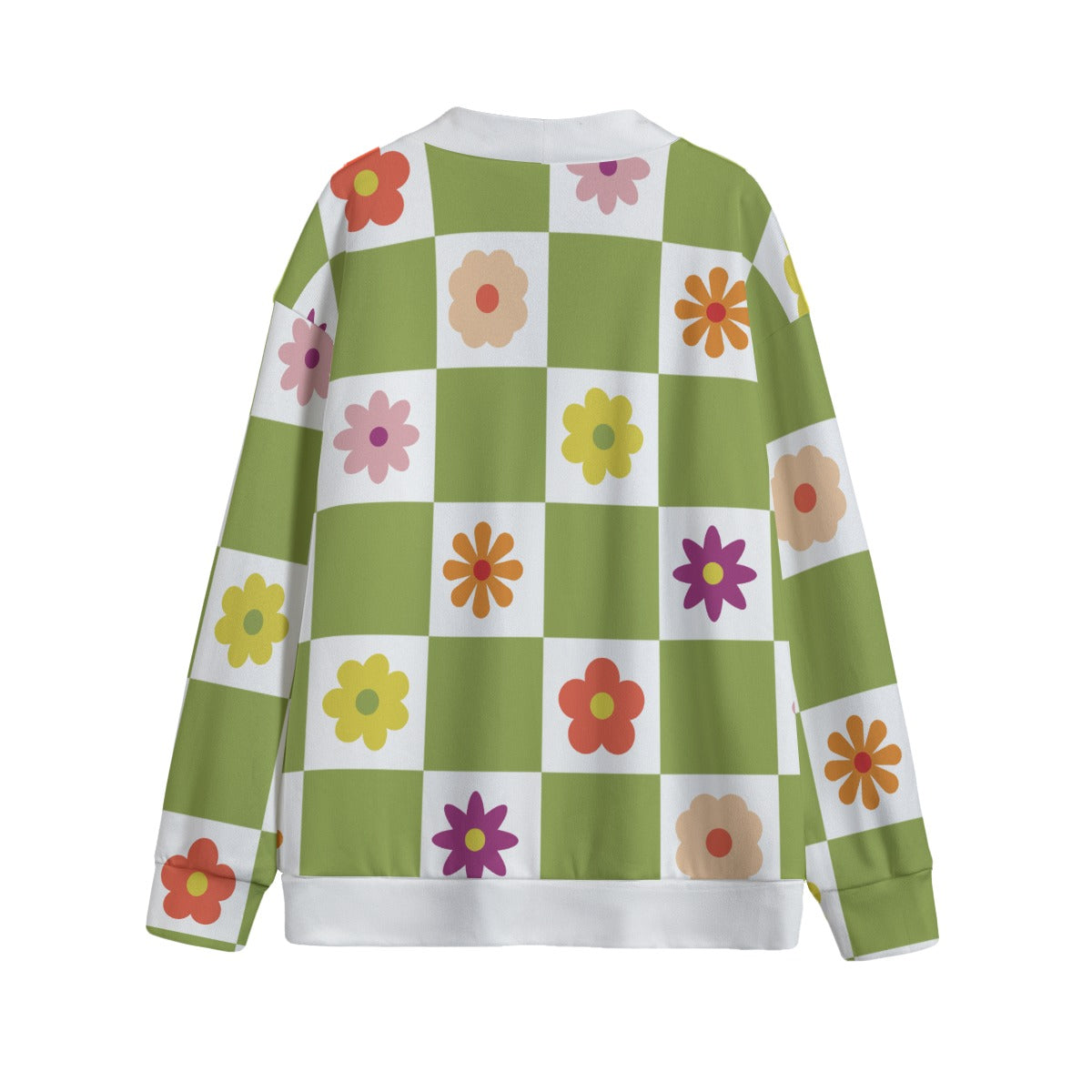 Flower Check Unisex V-neck Cardigan With Button Closure