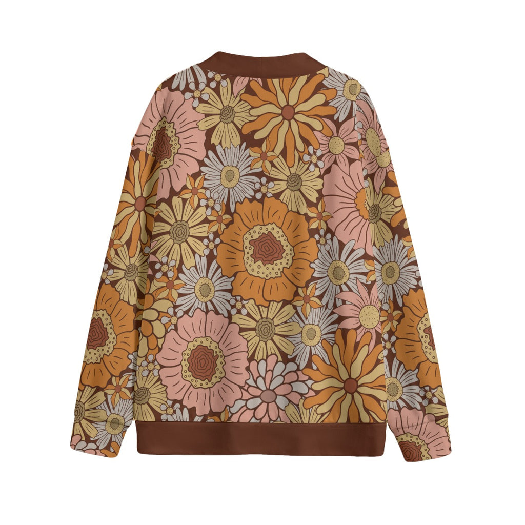 Orange Retro Floral Unisex V-neck Cardigan With Button Closure