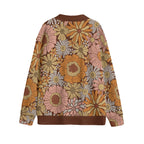 Orange Retro Floral Unisex V-neck Cardigan With Button Closure