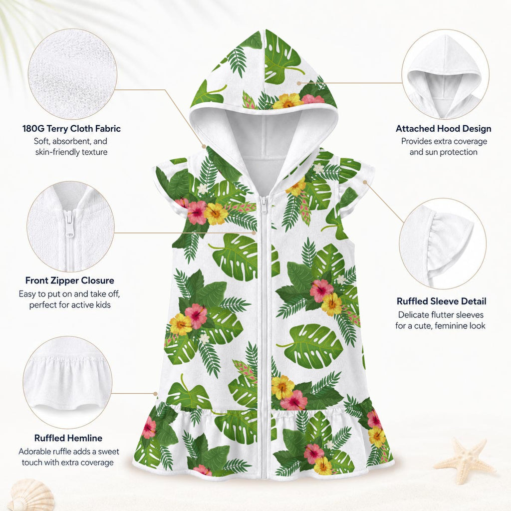 Hibiscus Tropical Leaves Girl's Hooded Beach Cover-Up