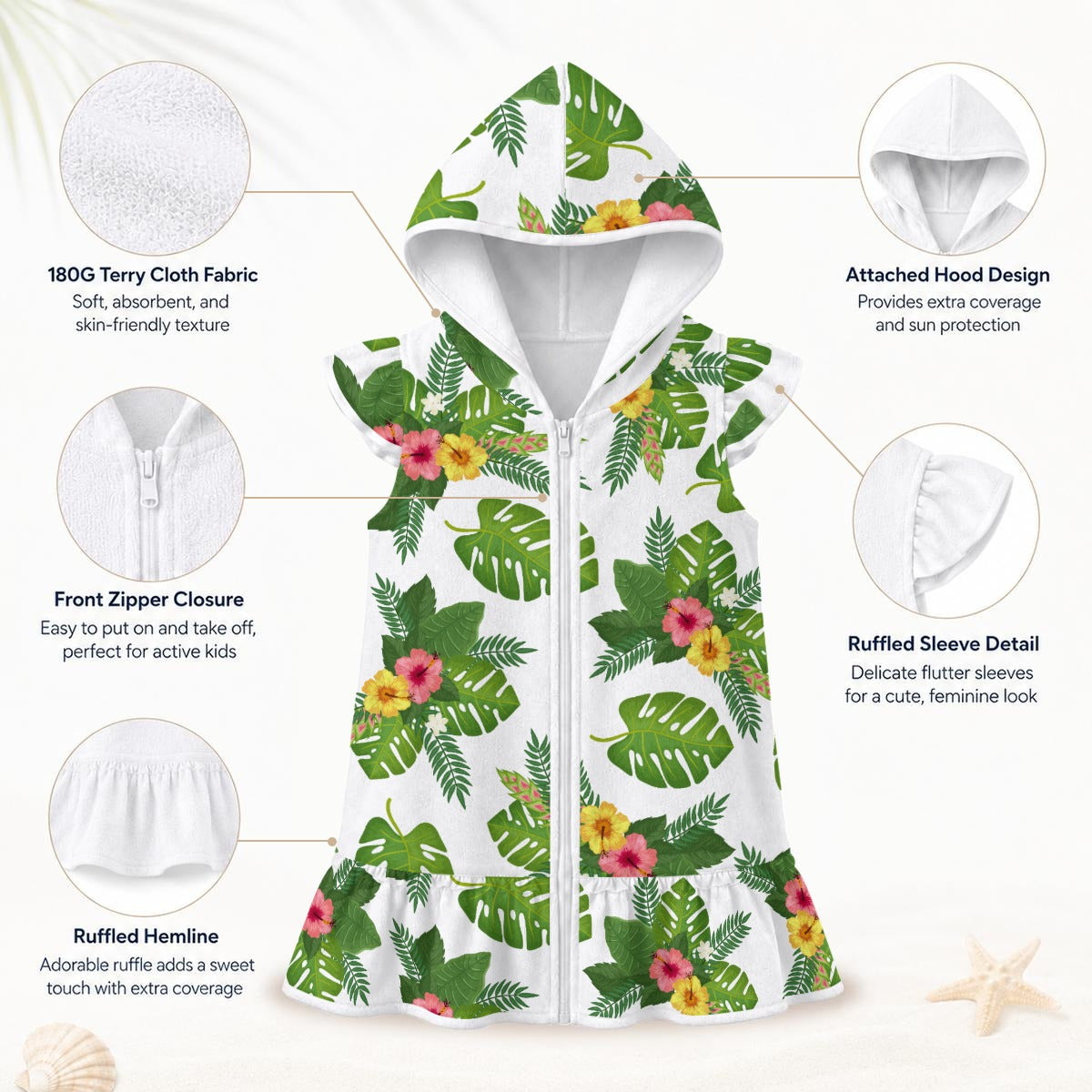 Hibiscus Tropical Leaves Girl's Hooded Beach Cover-Up